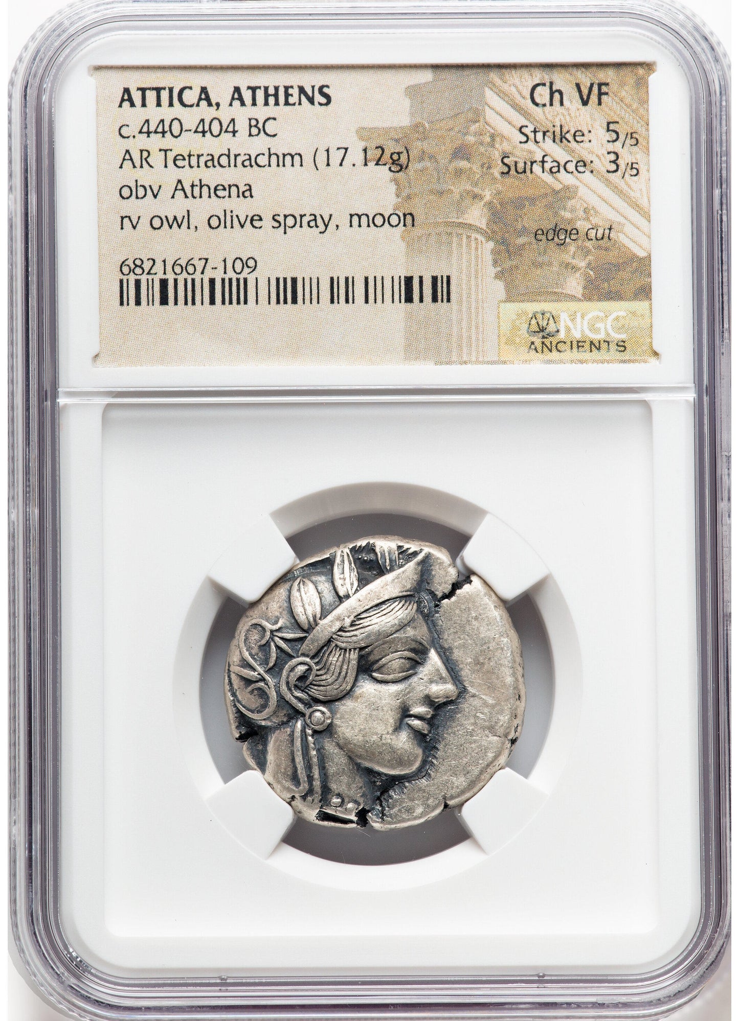 440 B.C. Ancient Greek Silver Tetradrachm Coin of Athens, Athenian Owl Design, NGC AU