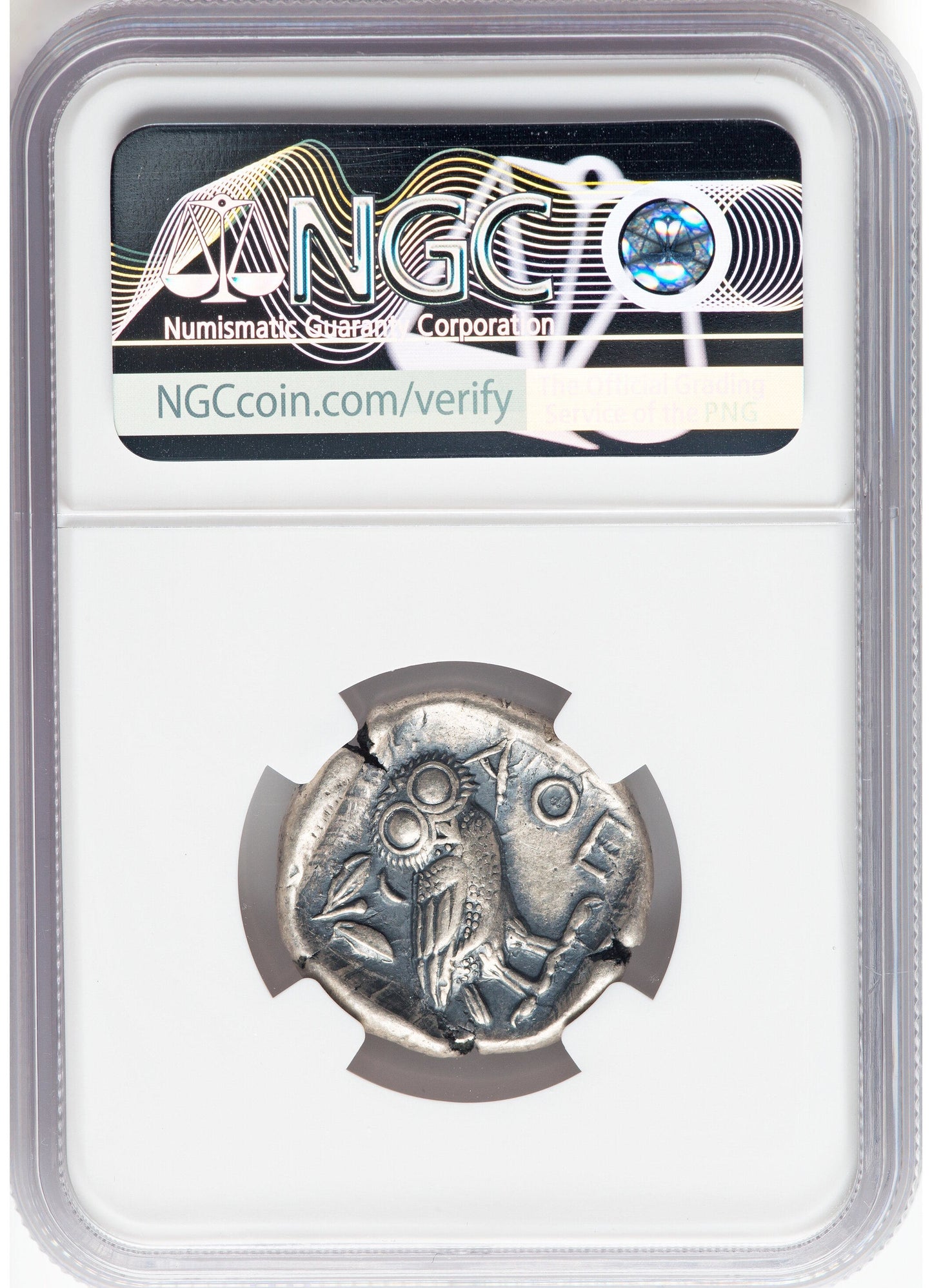 440 B.C. Ancient Greek Silver Tetradrachm Coin of Athens, Athenian Owl Design, NGC AU