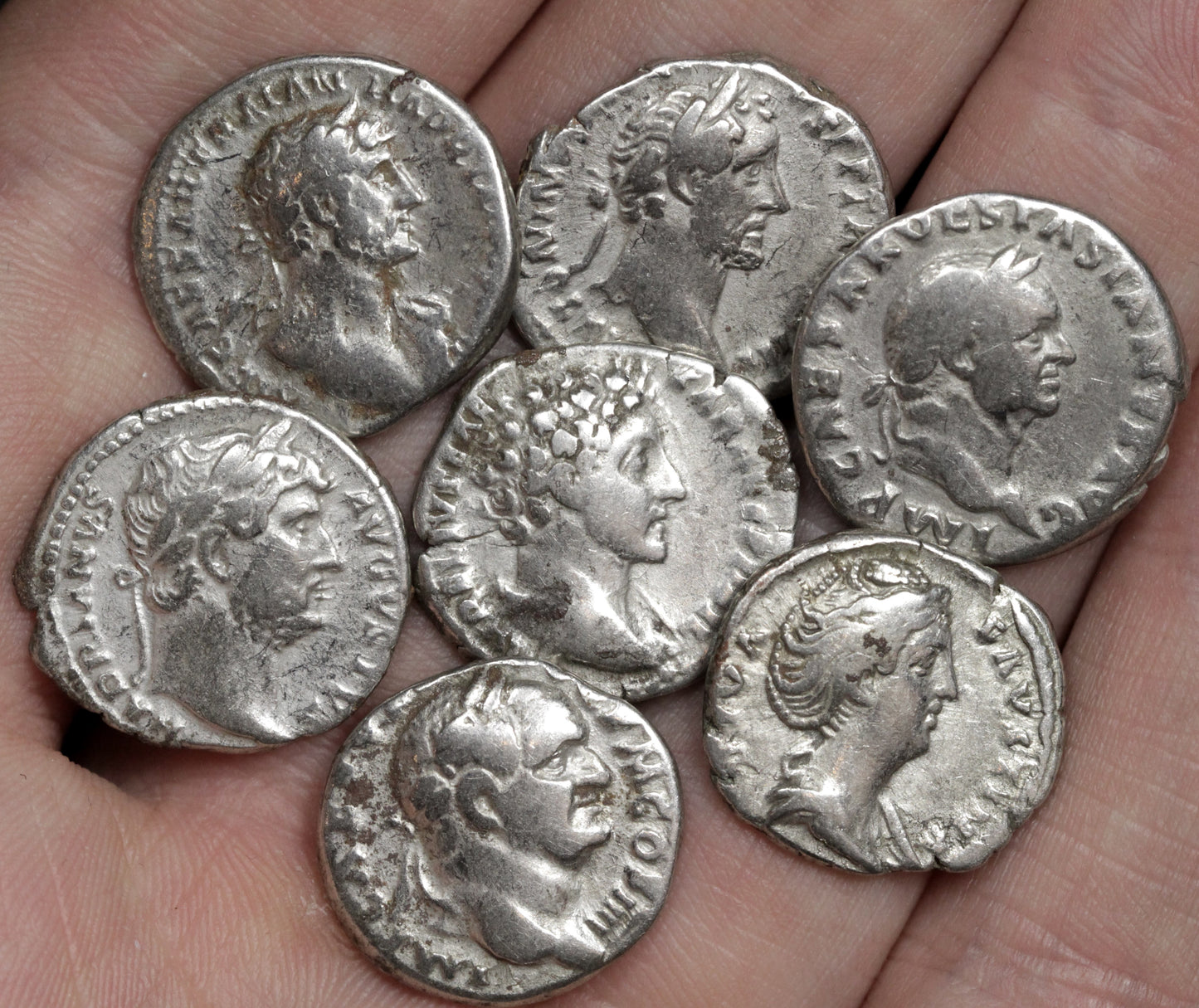Roman denarius coins in Choice Fine condition, with moderate-heavy wear