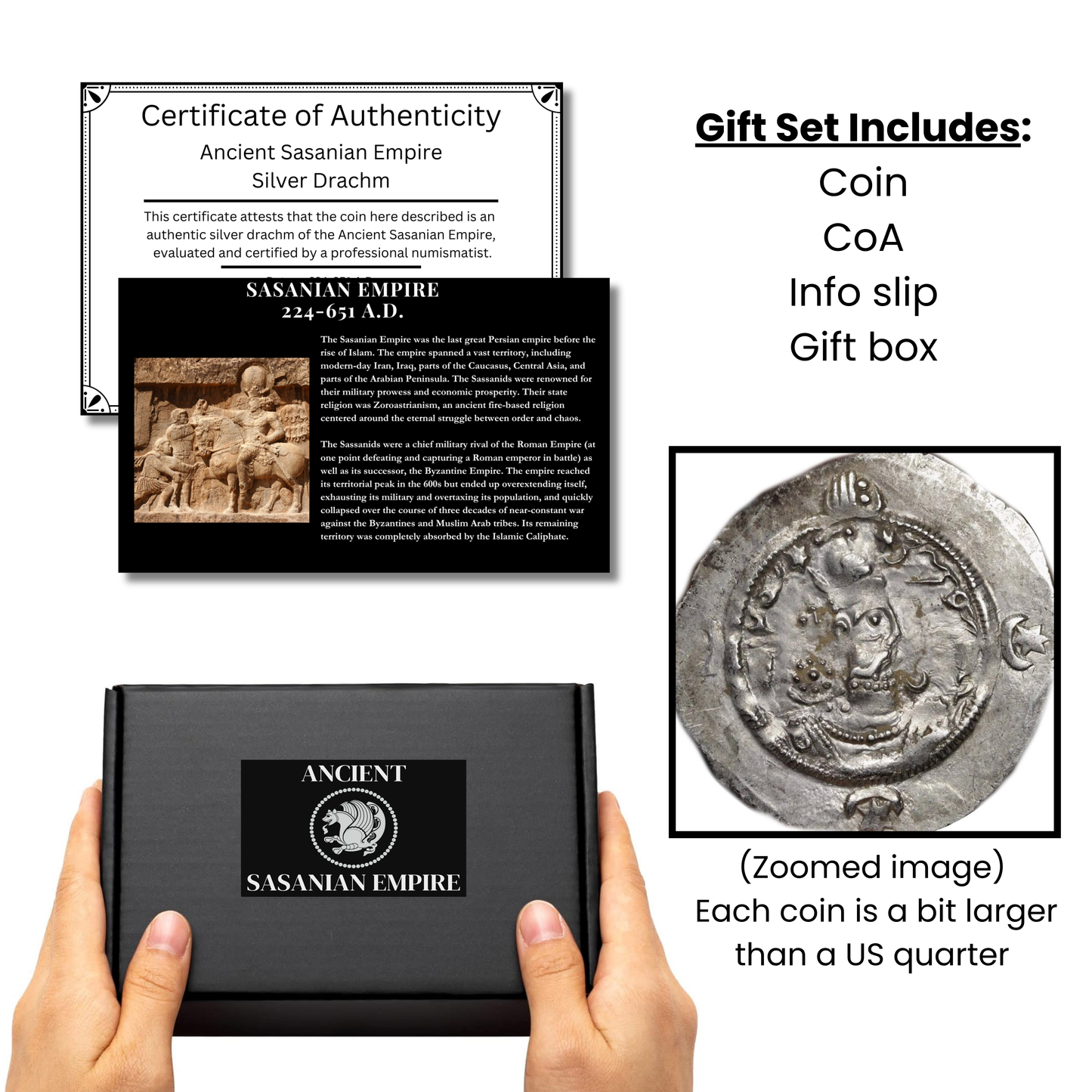 Sasanian Empire silver drachm coin set with certificate of authenticity, info slip, and gift box. Reads "Gift Set Includes: Coin, CoA, Info slip, Gift box" and "Each coin is a bit larger than a US quarter"