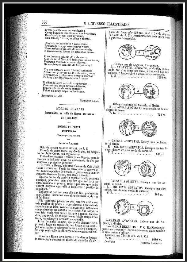 scan of O Universo Illustrado Portuguese magazine. page shows illustrations of multiple Roman denarii, this one included