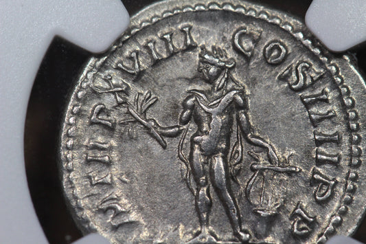 Emperor Caracalla Ancient Roman Silver Denarius Coin, 200 AD, NGC AU