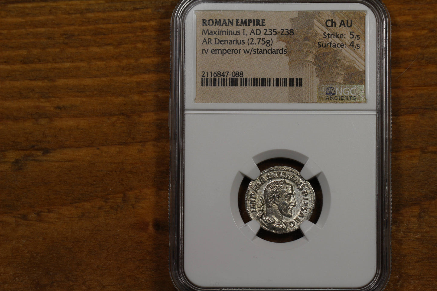 Emperor Maximinus Thrax Ancient Roman Silver Denarius Coin, 235 AD, NGC Choice AU About Uncirculated Condition