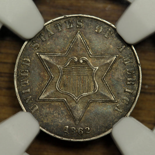 1862 U.S. Three Cents Silver Coin | NGC AU-58 | Toned