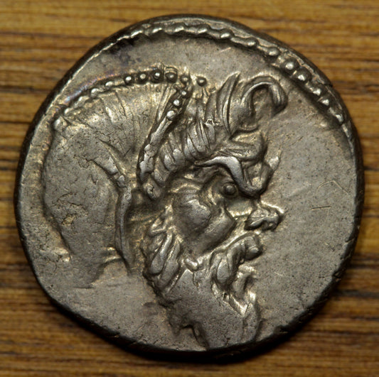 48 BC Roman Republic Silver Denarius | C Vibius CF Pansa | Pan/Jupiter