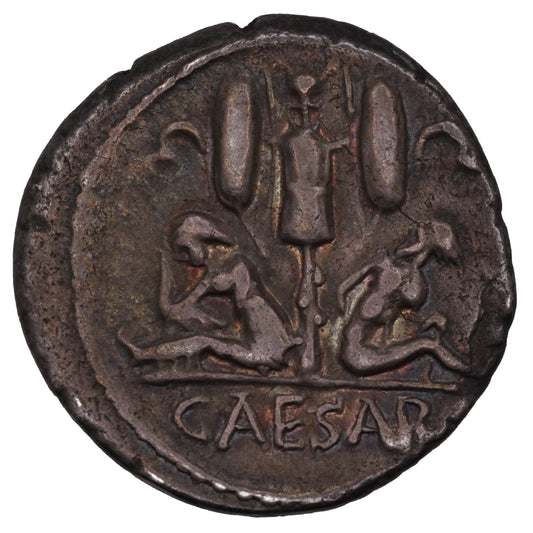 46 BC Julius Caesar Roman Republic Silver Denarius | Venus + Captives | Toned