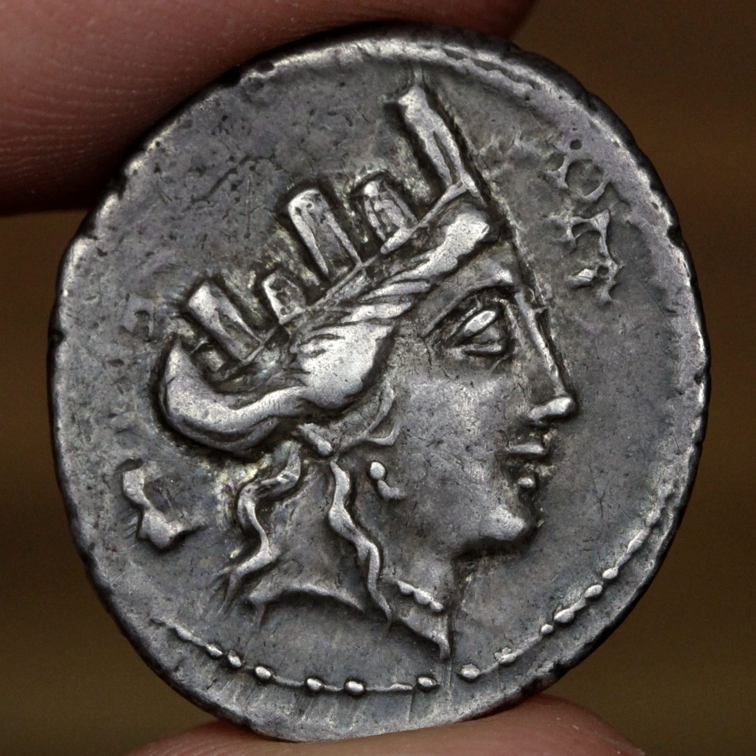 Roman Republic denarius coin featuring the bust of Cybele