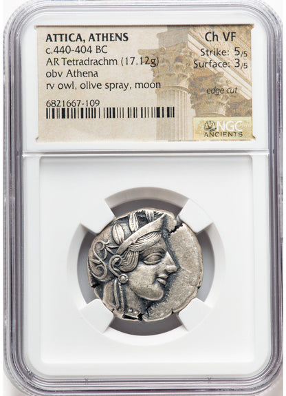 440 B.C. Ancient Greek Silver Tetradrachm Coin of Athens, Athenian Owl Design, NGC AU