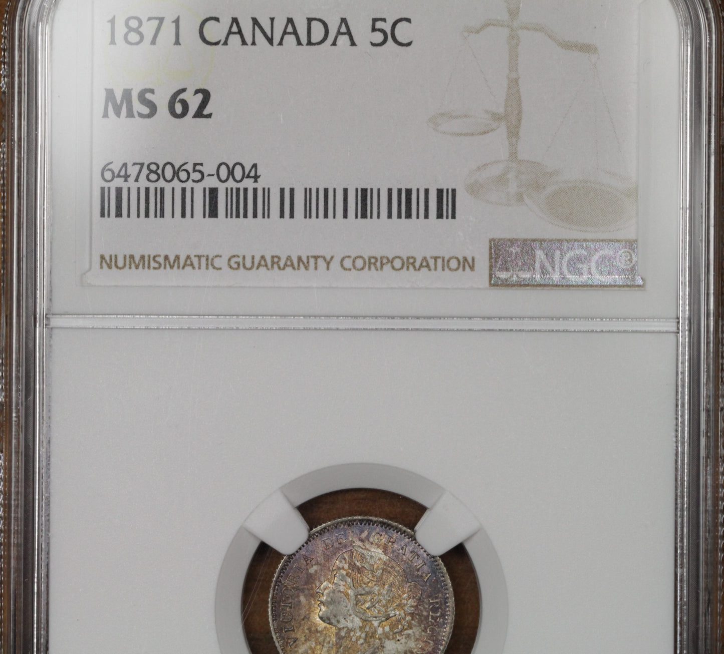 1871 Canada Silver 5 Cents Coin, NGC MS-62