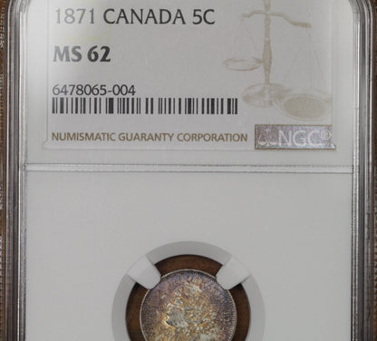 1871 Canada Silver 5 Cents Coin, NGC MS-62