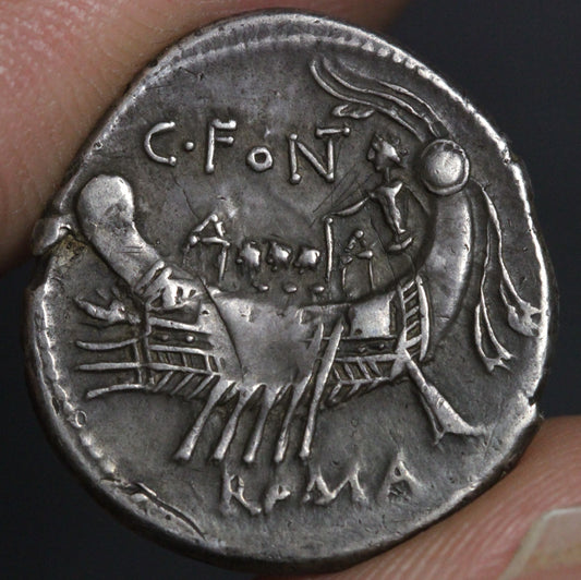 fonteius denarius reverse side showing galley ship