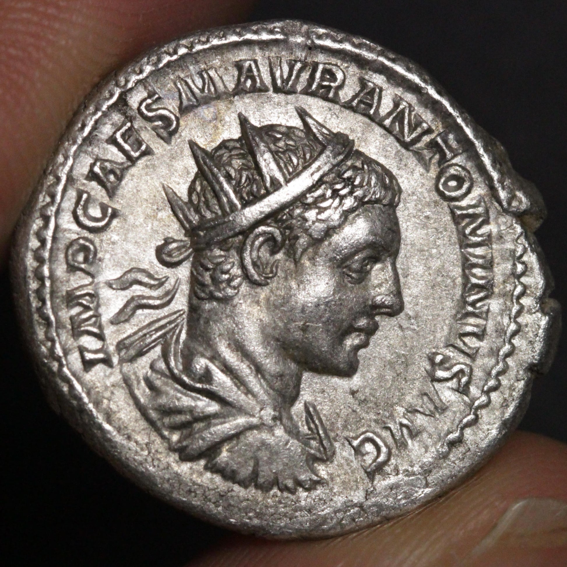 Elagabalus antoninianus obverse side showing portrait of the emperor