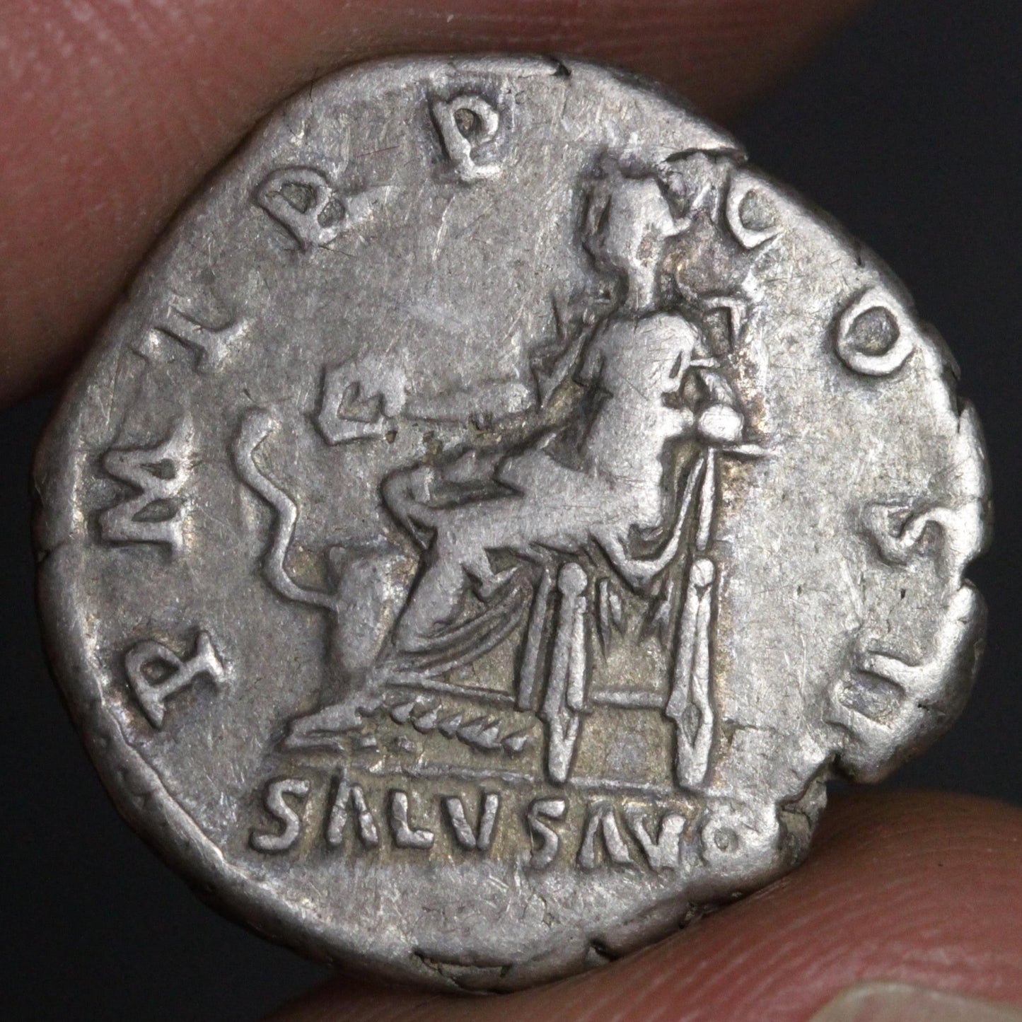 reverse side of hadrian denarius showing salus goddess of health