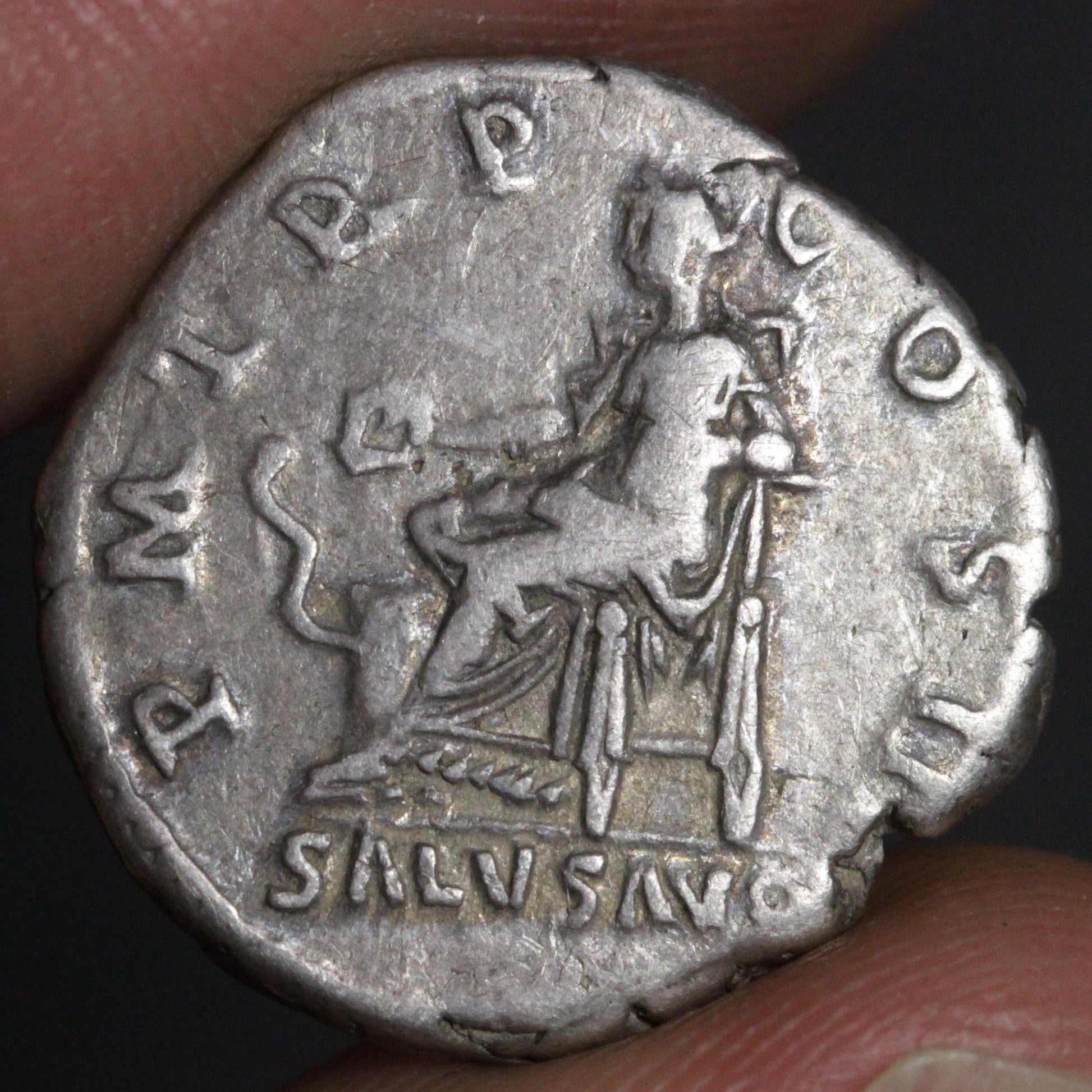 reverse side of hadrian denarius showing salus goddess of health