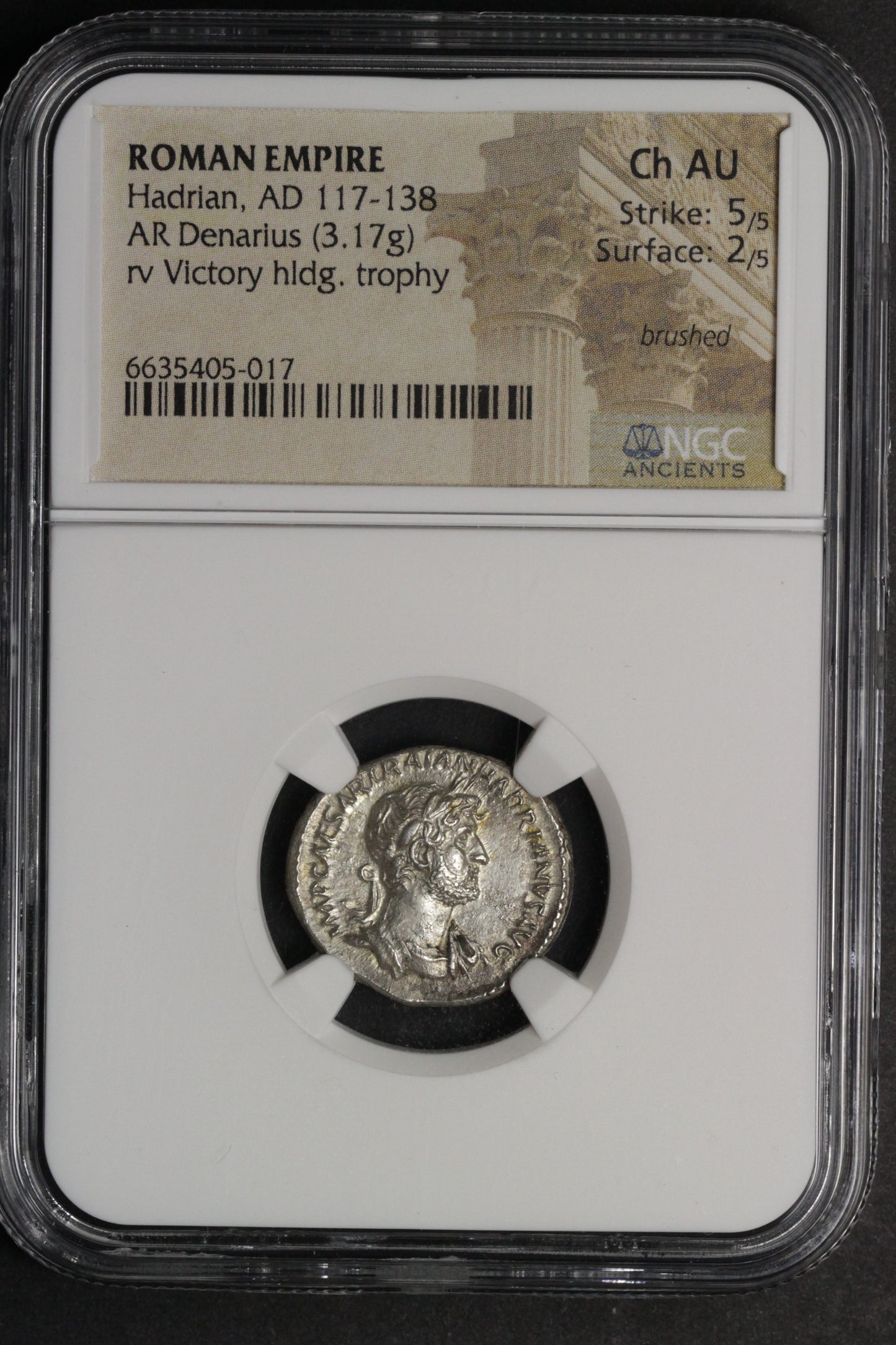 Hadrian Denarius NGC Ch AU 123 AD