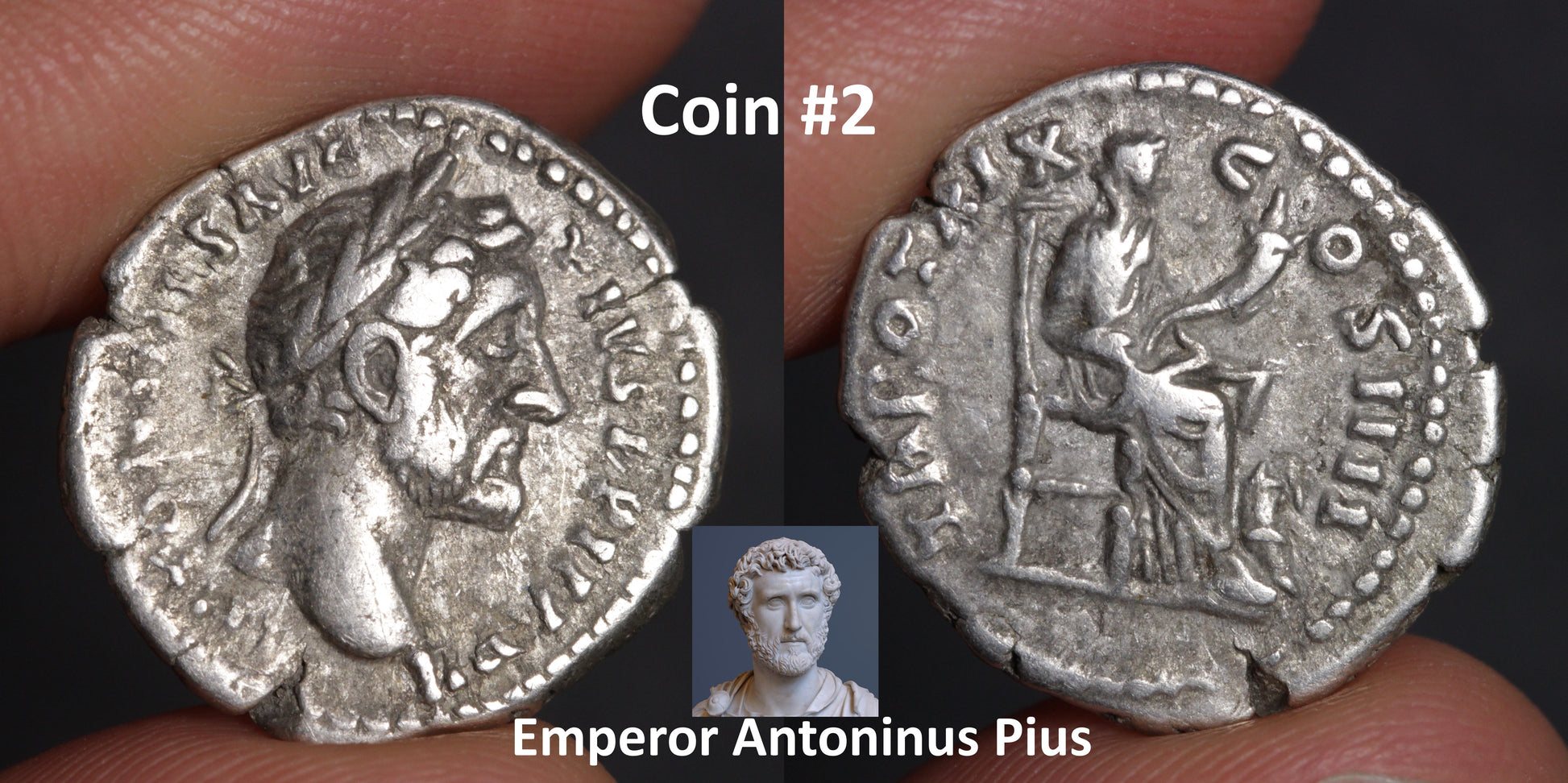 antoninus pius denarius, showing both obverse and reverse with labels Coin #2 and Emperor Antoninus Pius
