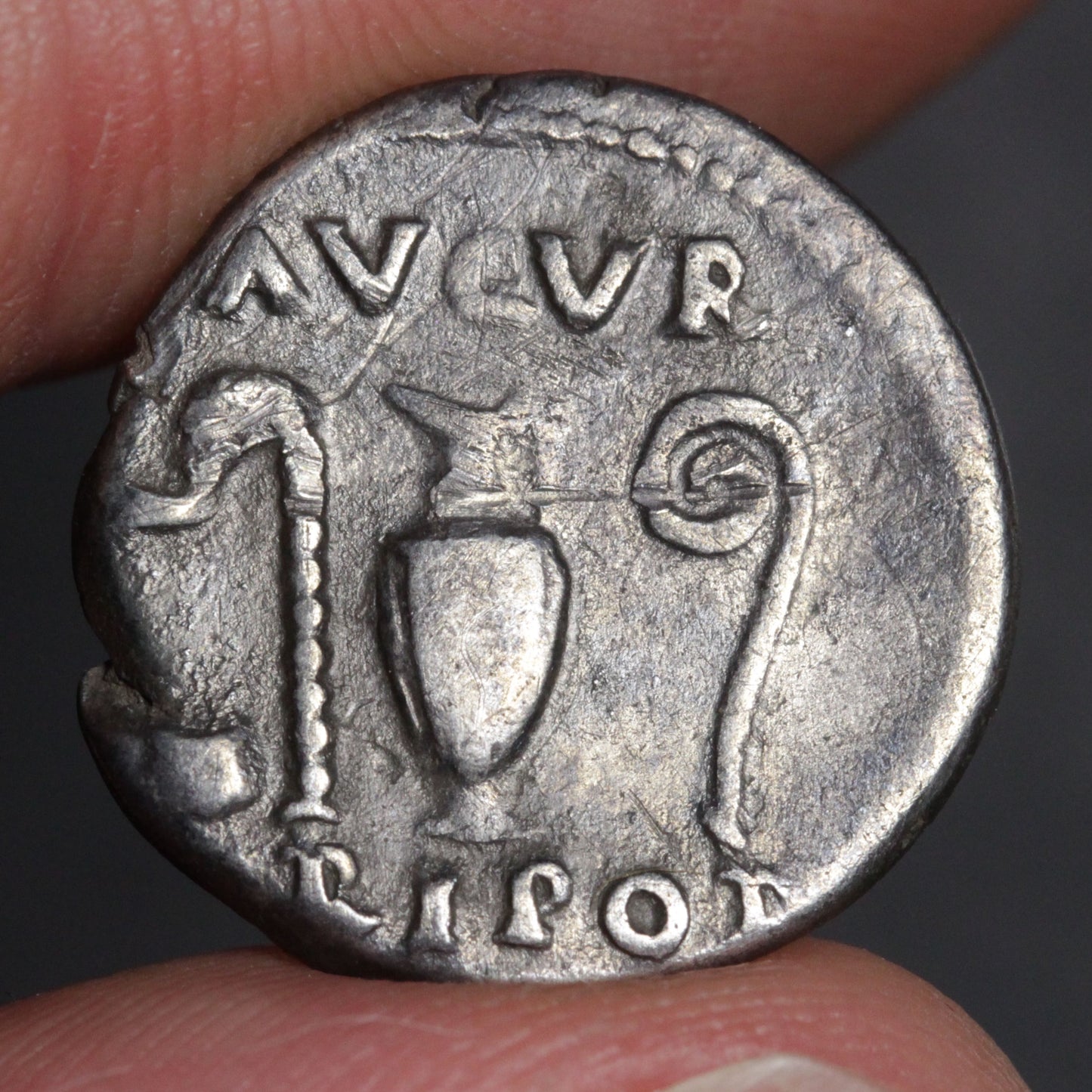 vespasian denarius being held being two fingers showing reverse religious implements