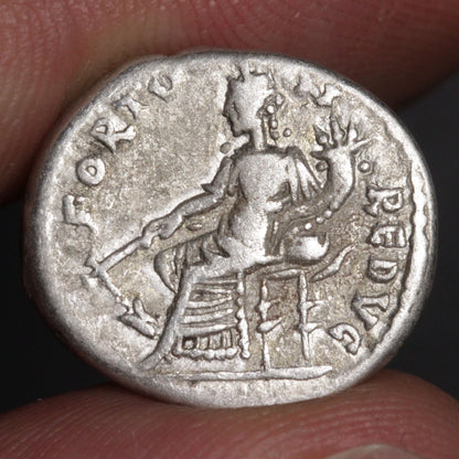 septimius severus denarius showing fortuna goddess of luck and fortune