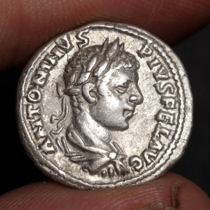 An ancient silver coin featuring a profile portrait of a Roman emperor, held between two fingers to show its scale.