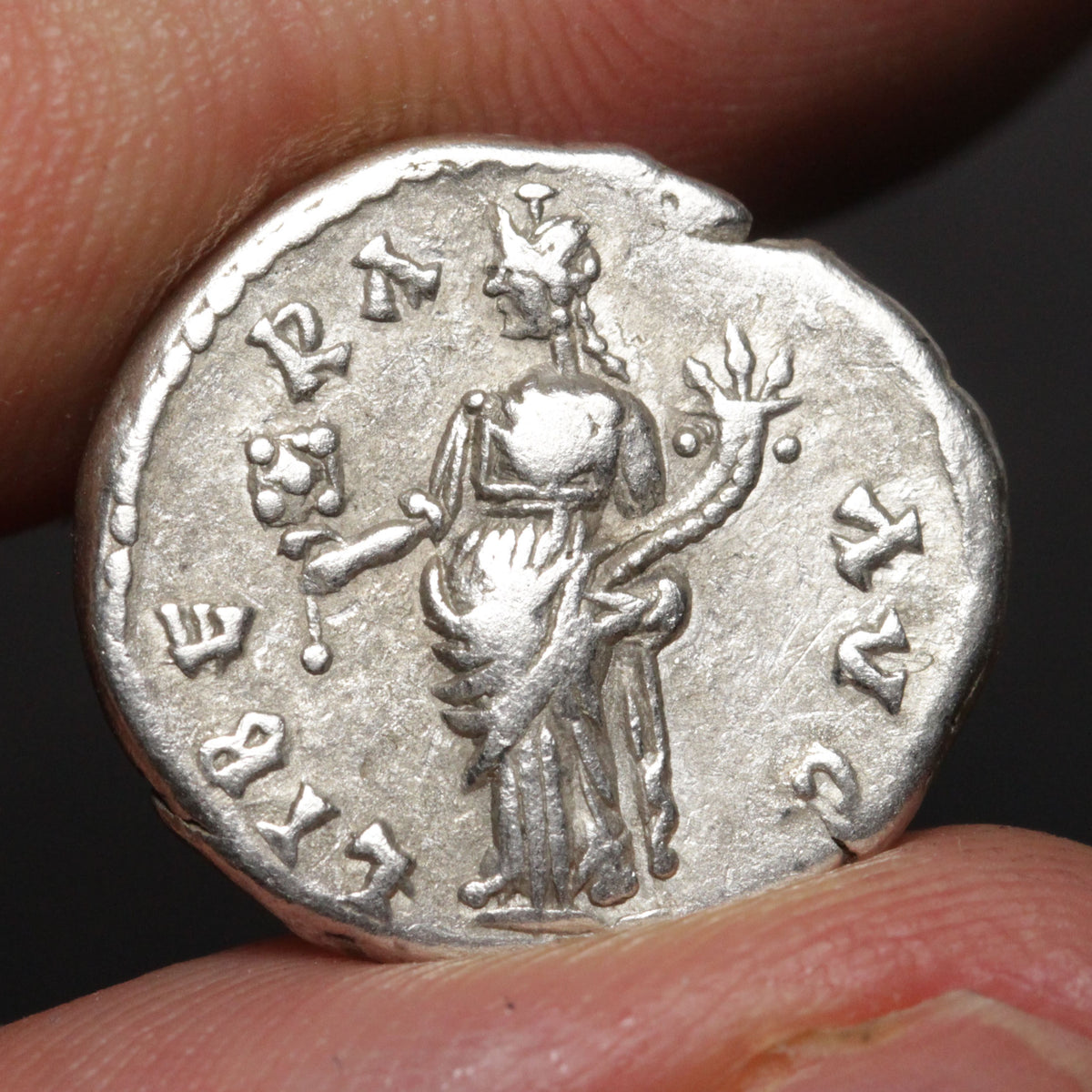 An ancient silver coin featuring a standing female figure with a snake around her neck, held between human fingers against a dark background.