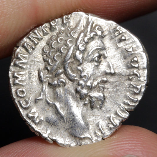 An ancient silver coin featuring a profile portrait of a bearded man with a crown, held between fingers against a dark background.