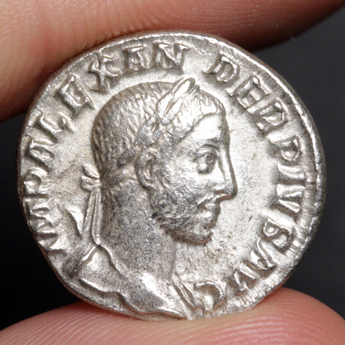 An ancient silver coin featuring a profile portrait of a bearded man with a laurel wreath, held between fingers against a dark background.
