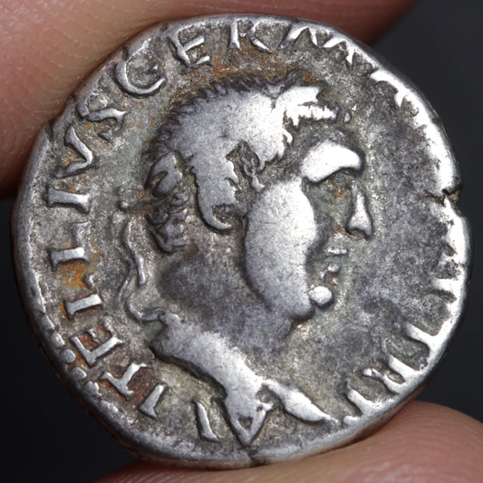 denarius coin with portrait of man being held between two fingers