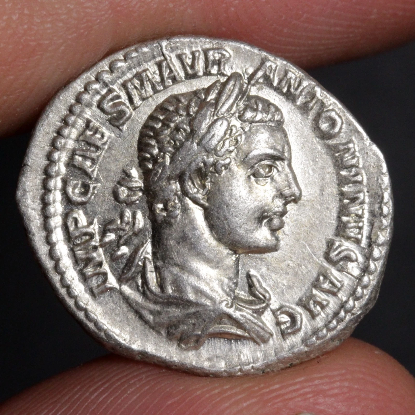 An ancient silver Roman coin featuring a profile portrait of a Roman emperor, held between human fingers against a dark background.