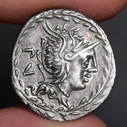 An ancient silver coin featuring a profile portrait of a woman with a laurel wreath, held between fingers against a dark background.
