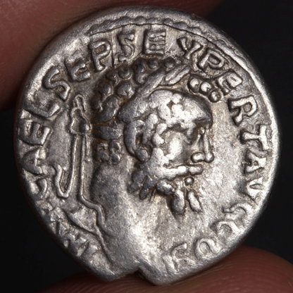 denarius featuring portrait of septimius severus being held between two fingers