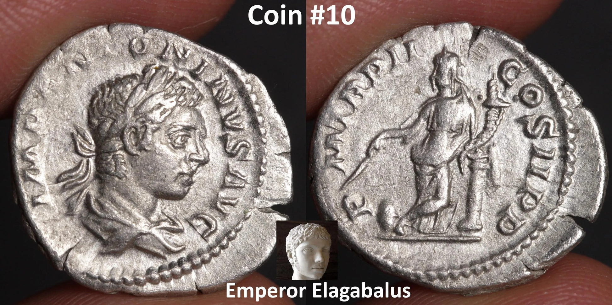 Two Roman coins with Emperor Elagabalus on a dark background