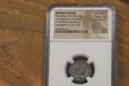 300 A.D. Ancient Roman Silver Argenteus Coin, Emperor Diocletian, NGC Choice AU