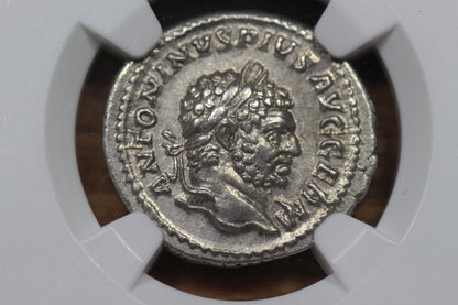 Emperor Caracalla Ancient Roman Silver Denarius Coin, 200 AD, NGC AU