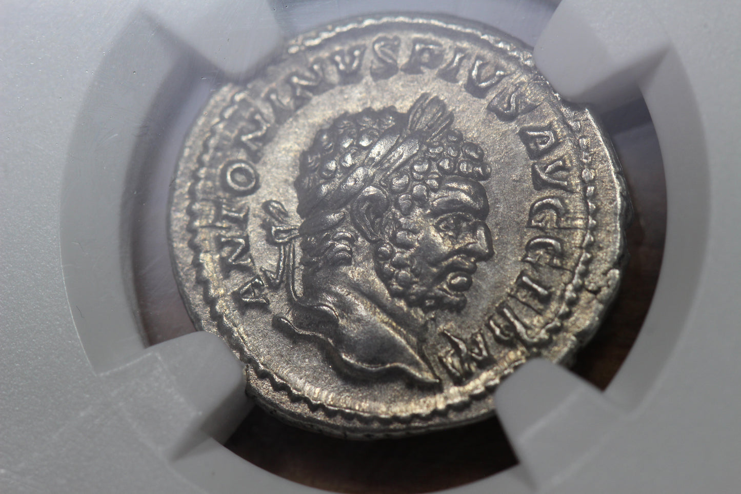 Emperor Caracalla Ancient Roman Silver Denarius Coin, 200 AD, NGC AU