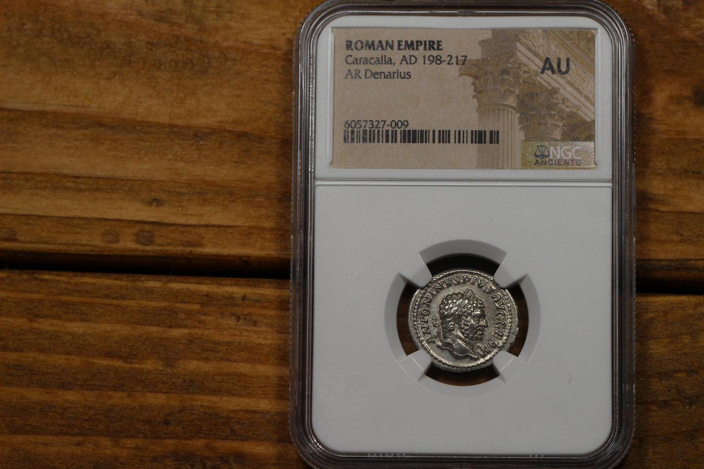 Emperor Caracalla Ancient Roman Silver Denarius Coin, 200 AD, NGC AU