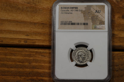 Emperor Caracalla Ancient Roman Silver Denarius Coin, 200 AD, NGC AU