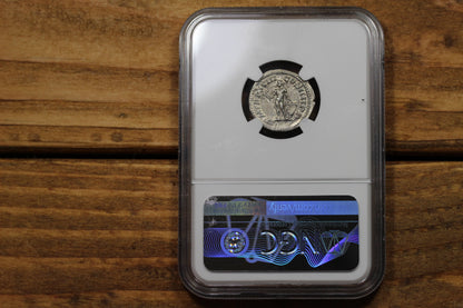 Emperor Caracalla Ancient Roman Silver Denarius Coin, 200 AD, NGC AU