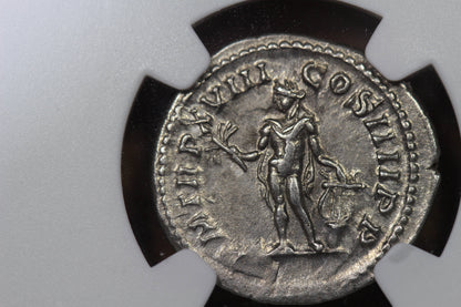 Emperor Caracalla Ancient Roman Silver Denarius Coin, 200 AD, NGC AU