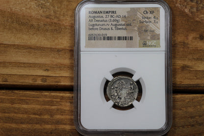 Emperor Augustus Ancient Roman Silver Denarius Coin, 15 BC, NGC Choice XF