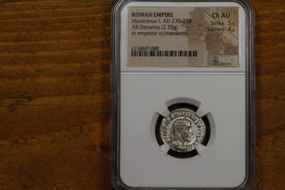 Emperor Maximinus Thrax Ancient Roman Silver Denarius Coin, 235 AD, NGC Choice AU About Uncirculated Condition