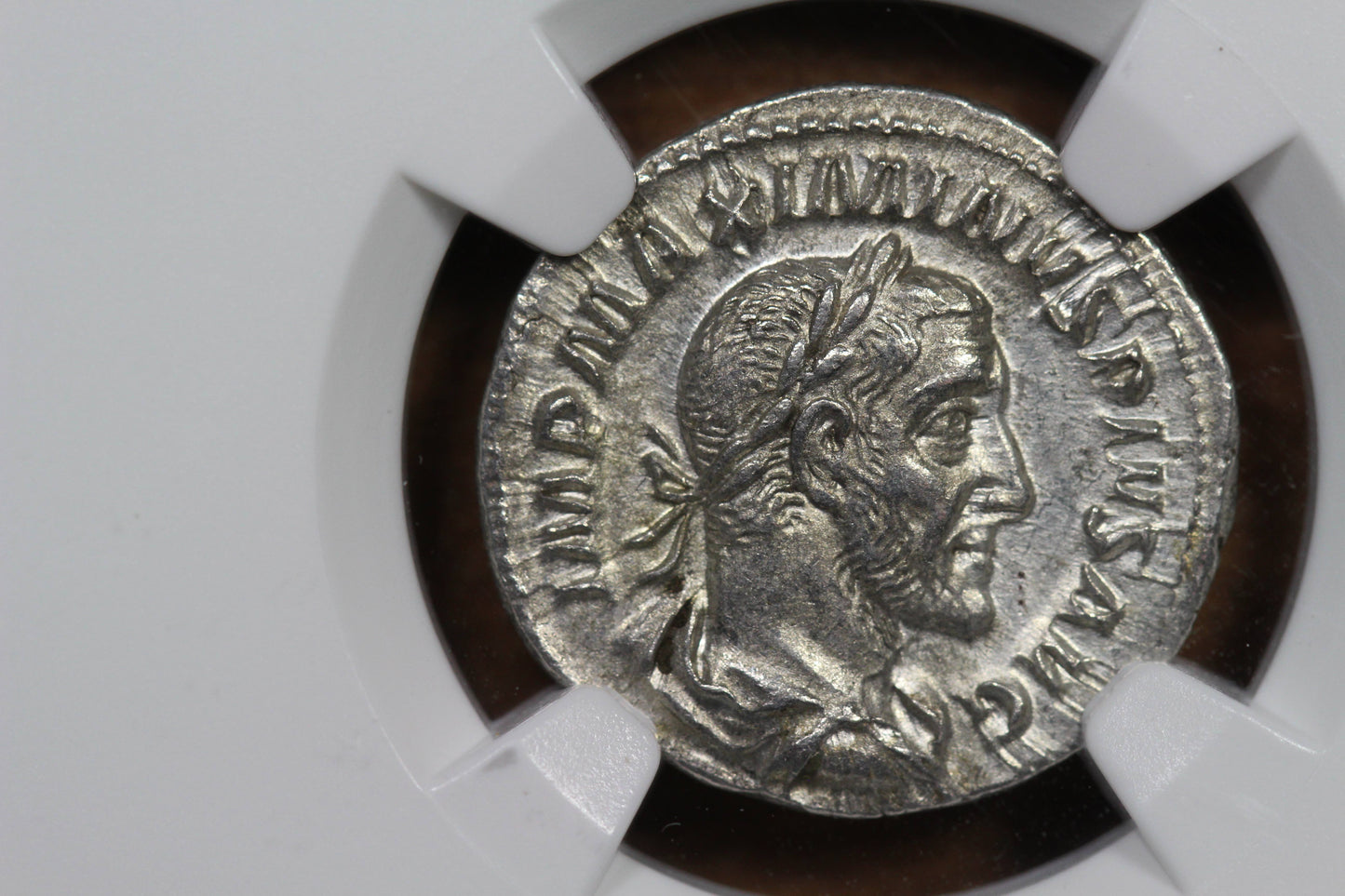 Emperor Maximinus Thrax Ancient Roman Silver Denarius Coin, 235 AD, NGC Choice AU About Uncirculated Condition