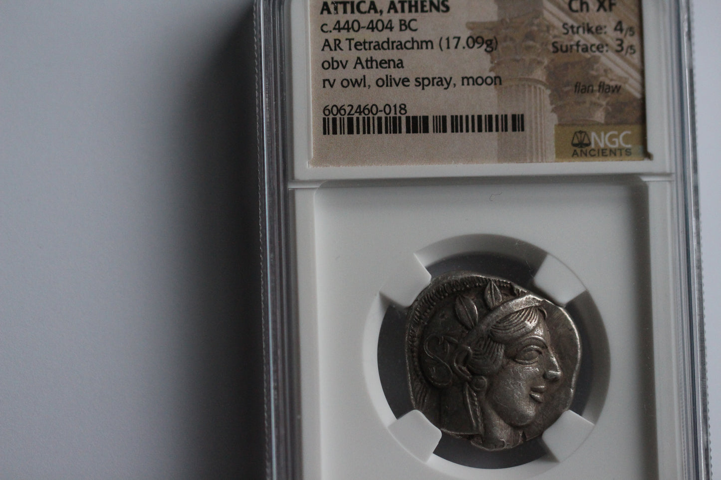 440 B.C. Ancient Greek Silver Tetradrachm Coin of Athens, Athenian Owl Design, NGC Choice XF