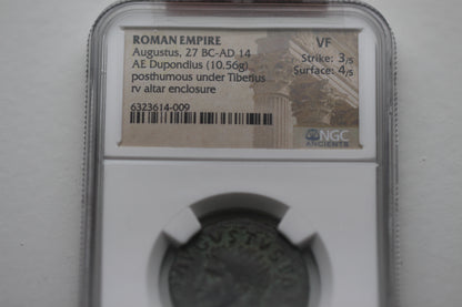 2nd Century AD, Ancient Roman Bronze Dupondius, Emperor Tiberius - Divus Augustus, NGC VF