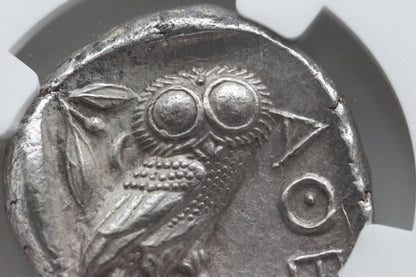 440 B.C. Ancient Greek Silver Tetradrachm Coin of Athens, Athenian Owl Design, NGC Choice AU
