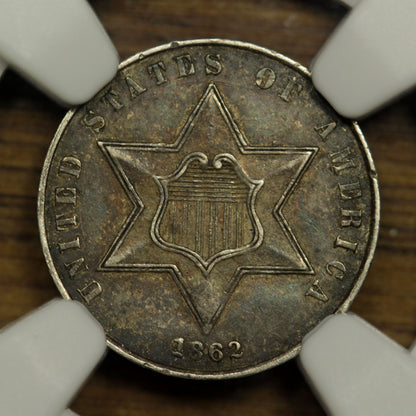 1862 U.S. Three Cents Silver Coin | NGC AU-58 | Toned