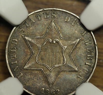 1862 U.S. Three Cents Silver Coin | NGC AU-58 | Toned
