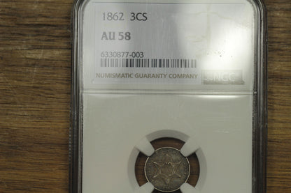 1862 U.S. Three Cents Silver Coin | NGC AU-58 | Toned