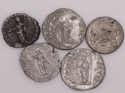 The reverse side of Roman denarius coins, featuring Roman goddesses