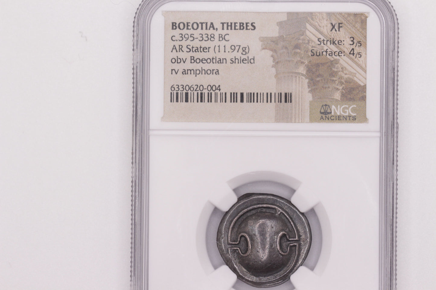 395 BC Ancient Thebes Silver Stater Coin, Boeotia | NGC XF | Toned