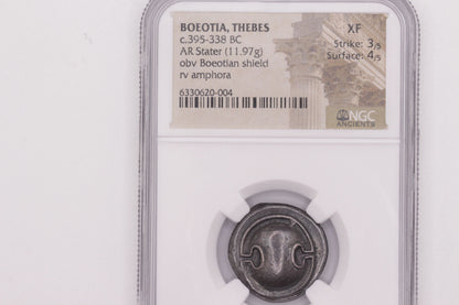 395 BC Ancient Thebes Silver Stater Coin, Boeotia | NGC XF | Toned
